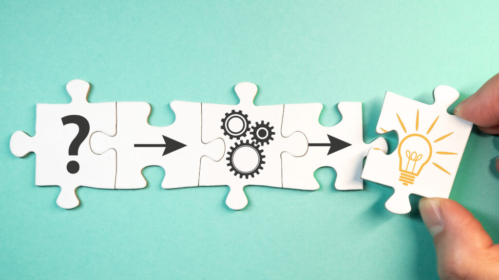Concept d'analyse Team Flow trouver une solution à un problème, concept d'analyse avec vue de dessus des pièces du puzzle