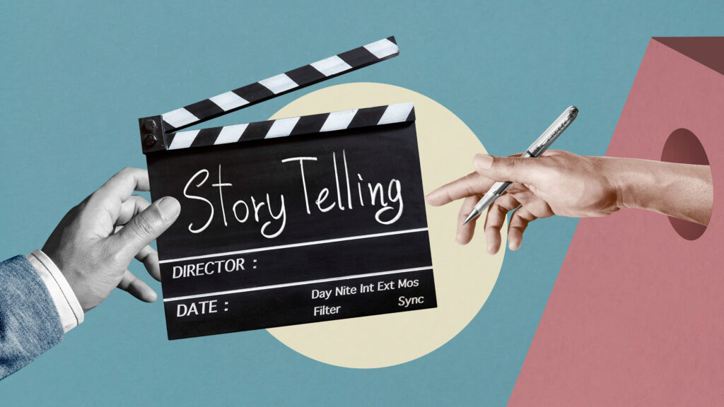 Storytelling Team Flow Mise en avant créative du concept Storytelling, deux main tenant un clap de cinéma.