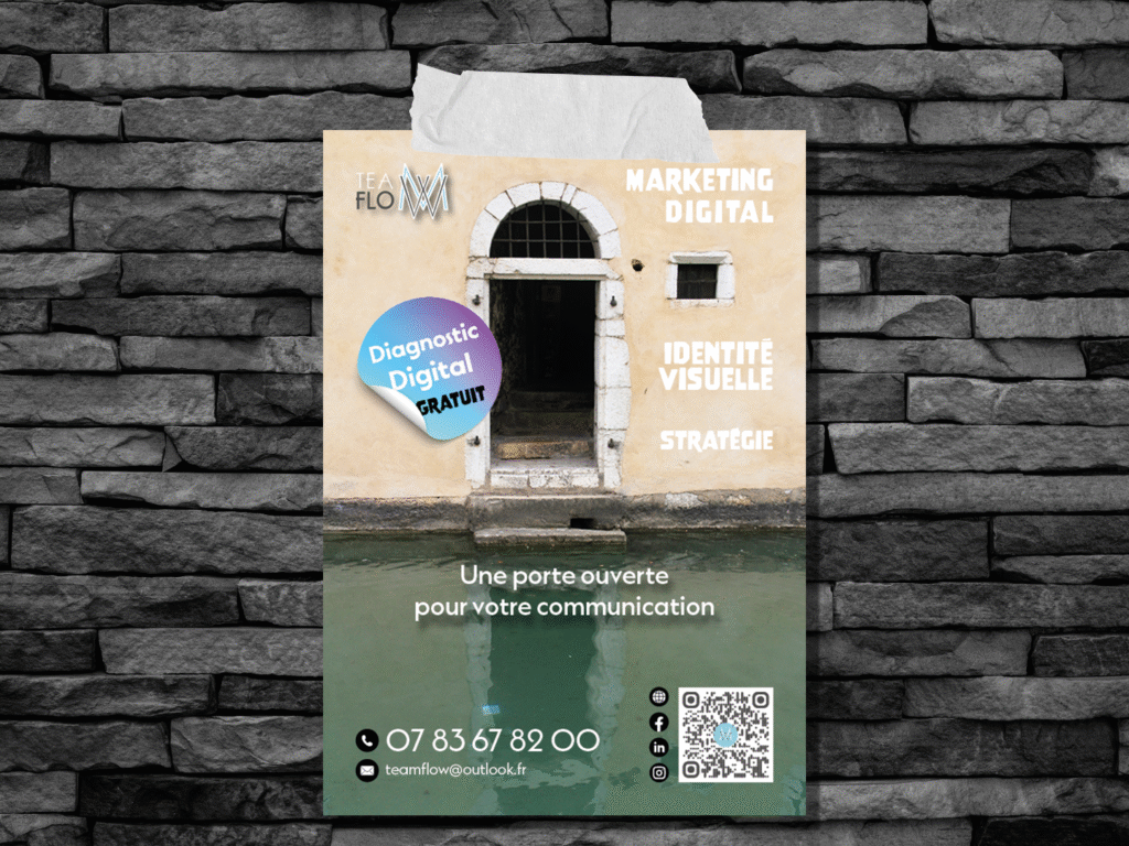 Photo flyer Team Flow site Photo d'accueil du site Team Flow avec le flyer sur un mur.
