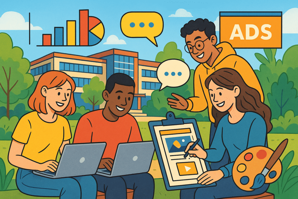 Personnes étudiant les métiers de la communications, du design et du marketing