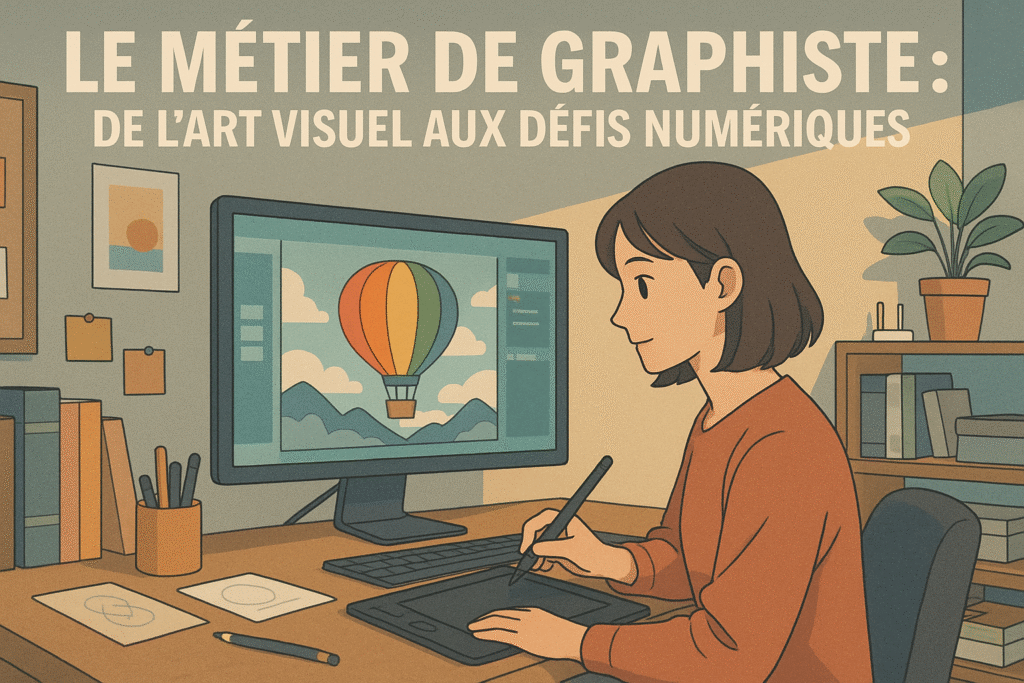 Illustration d'une graphiste de l'agence de communication et de marketing digital Team Flow travaillant dans son bureau.