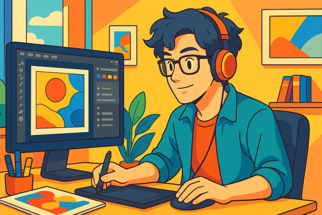 Illustration d'un graphiste de l'agence de communication et de marketing digital Team Flow travaillant dans son bureau