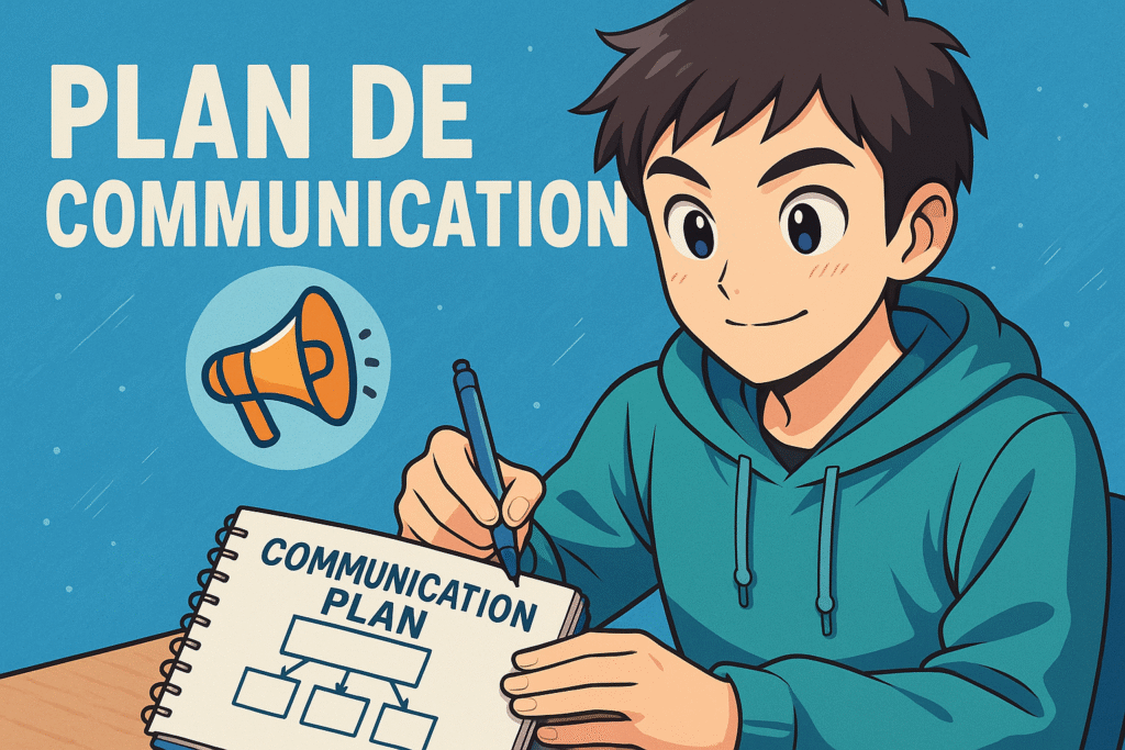 Représentation d'une personne créant un plan de communication à l'entreprise de communication et de marketing digital Team Flow