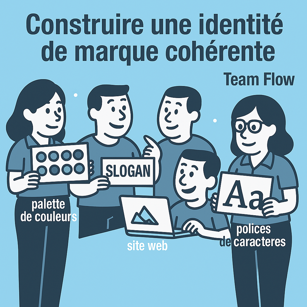 Illustration des membres de l'agence de communication et de marketing digital Team Flow entrain de construire une identité de marque cohérente.